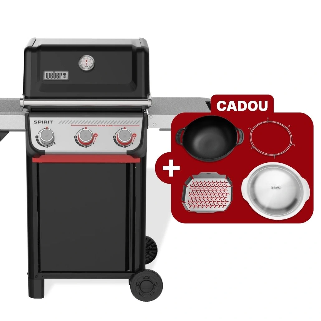 Gratar pe gaz Weber de gradina Spirit E-335 cu 3 arzatoare si masute laterale + regulator + spatiu de depozitare butelie
